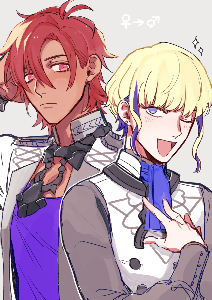 2boys, arm_behind_head, arm_up, ascot, blonde_hair, blush, closed_mouth, collared_jacket