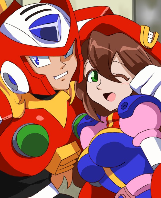 1boy, 1girl, android, armor, belt, beret, blue_eyes, blush