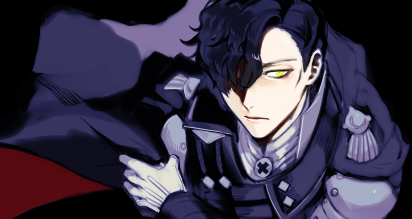 1boy, asymmetrical_hair, black_background, black_cape, black_hair, black_jacket, cape, closed_mouth