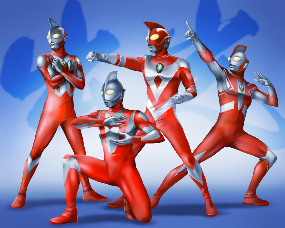 4boys, alien, blue_background, clenched_hands, color_timer, colored_skin, commentary_request, crossed_arms