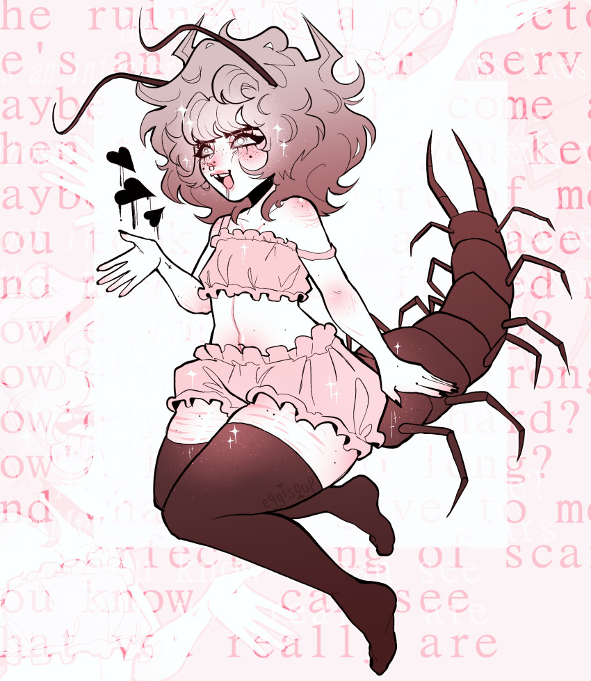 absurdres, antennae, arthropod_tail, black_nails, bloomers, blush, bug, centipede, centipede_tail, crop_top, eggisoup, eyelashes, freckles, heart, highres, original, scar, self-harm_scar, solo, thigh-highs