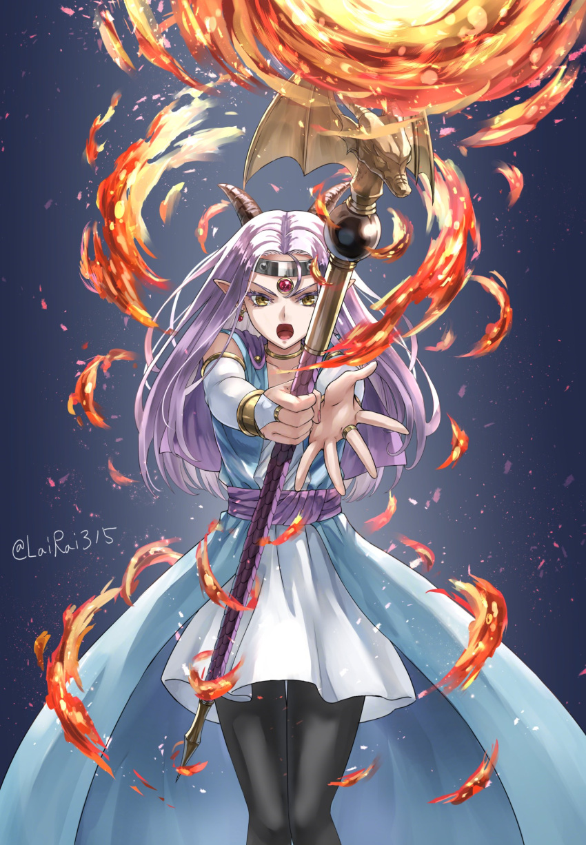 1girl, 888666, absurdres, black_horns, black_pantyhose, blue_background, bridal_gauntlets, cape