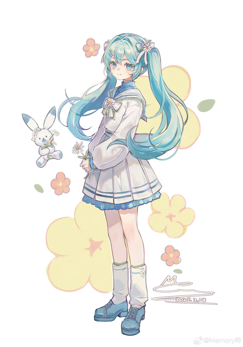 1girl, absurdres, ankle_socks, aqua_hair, back_bow, blue_eyes, blue_shirt, blue_shoes
