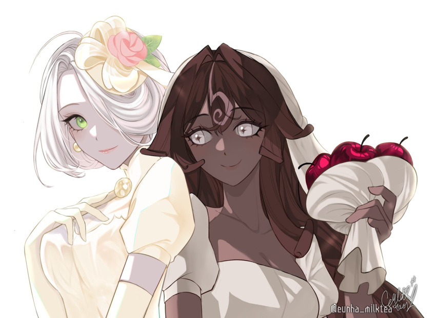 2girls, black_forest_cookie, bouquet, bridal_veil, cookie_run, cookie_run:_kingdom, cross-shaped_pupils, dark-skinned_female