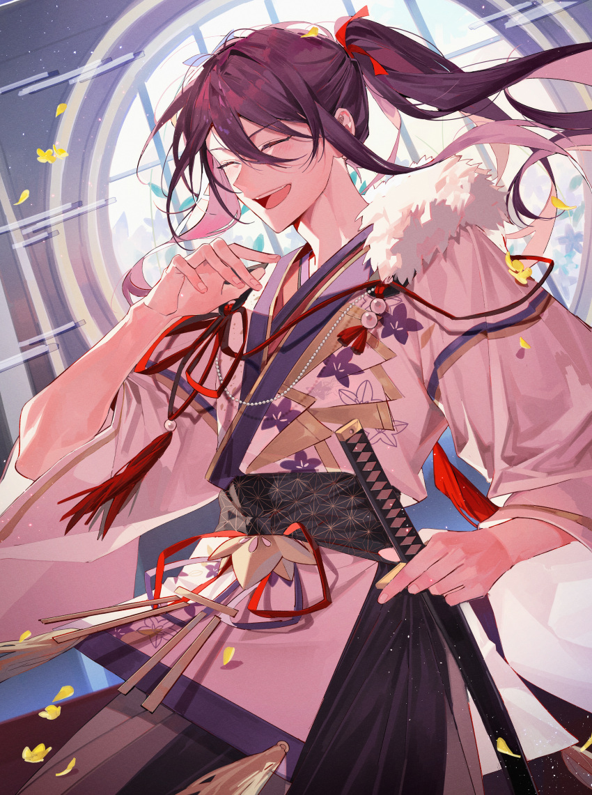 1boy, absurdres, anight, architecture, black_sash, closed_eyes, east_asian_architecture, ensemble_stars!