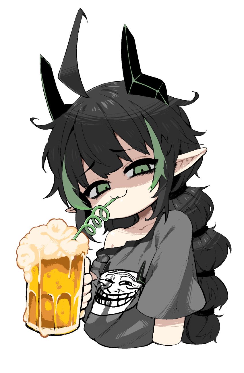 1girl, alcohol, aledasama, beer, beer_mug, black_horns, black_panties, braid, cat_tail, crazy_straw, cup, drinking_straw, elf, elfinpsyop, green_eyes, green_hair, green_thighhighs, highres, holding, holding_cup, horns, indie_virtual_youtuber, long_hair, looking_at_viewer, lying, mug, multicolored_hair, on_side, panties, pointy_ears, sleeping, smug, solo, streaked_hair, striped_clothes, striped_thighhighs, tail, thigh-highs, transparent_background, troll_face, twin_braids, underwear, virtual_youtuber, zzz