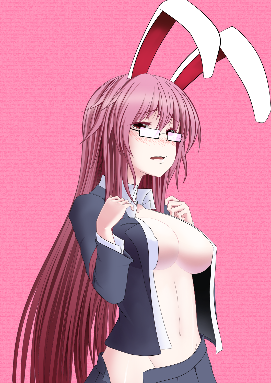 animal_ears, bunny_ears, glasses, highres, long_hair, marubororaito, purple_hair, red_eyes