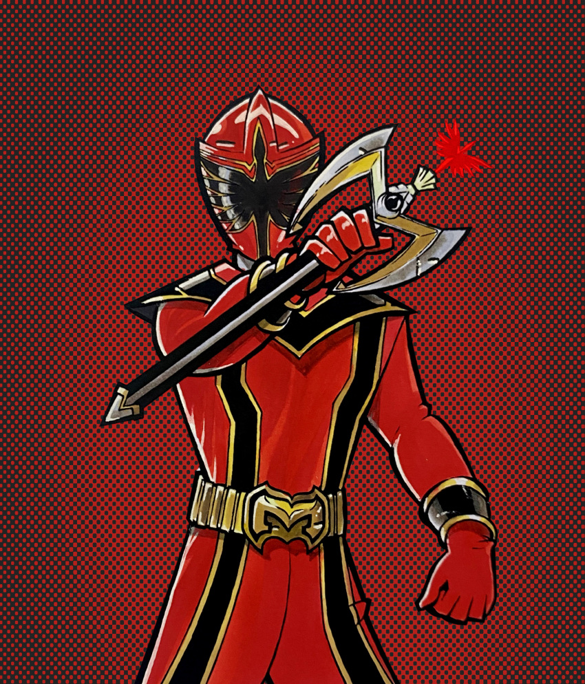 1boy, absurdres, alt_text, belt_buckle, black_outline, bodysuit, buckle, commentary, cowboy_shot, english_commentary, gloves, gold_belt, gold_trim, halftone, halftone_background, helmet, highres, holding, looking_at_viewer, magired, magistick, mahou_sentai_magiranger, marck_lesther_banares, outline, power_rangers, power_rangers_mystic_force, red_background, red_bodysuit, red_gloves, red_helmet, red_mystic_ranger, super_sentai, tokusatsu