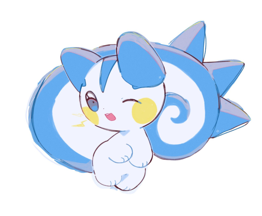 blue_eyes, commentary_request, electricity, full_body, highres, lightning_bolt_symbol, one_eye_closed, open_mouth