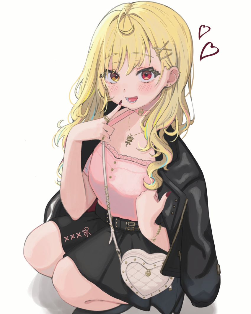 1girl, bag, black_jacket, black_skirt, blonde_hair, blush, bracelet, ear_piercing