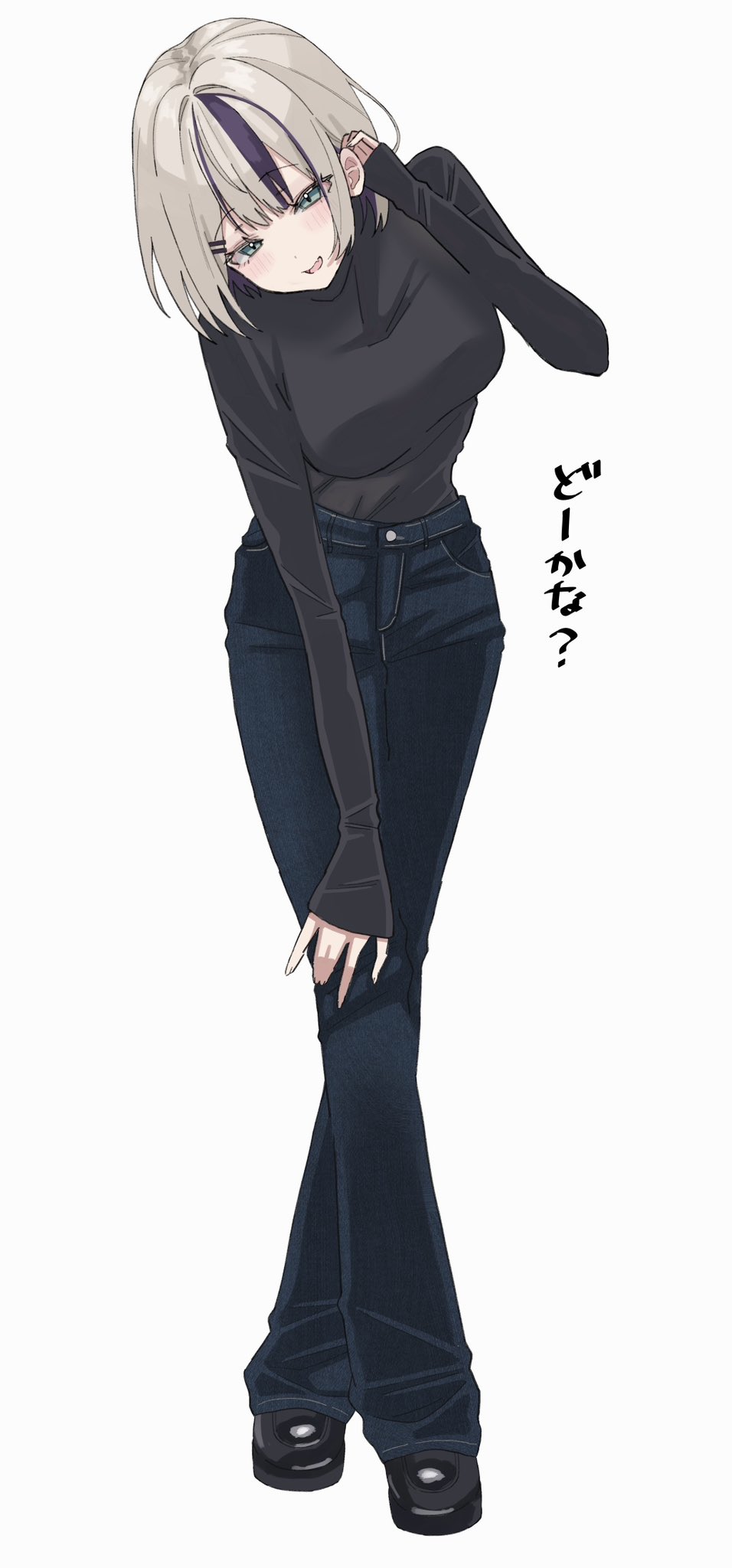 1girl, adjusting_hair, black_shorts, black_sweater, blonde_hair, cosplay, crossed_legs, denim