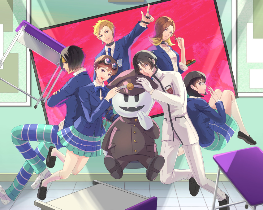 3girls, 4boys, akanezawa_reiko, black_hair, blue_necktie, board_eraser, brown_eyes, brown_hair