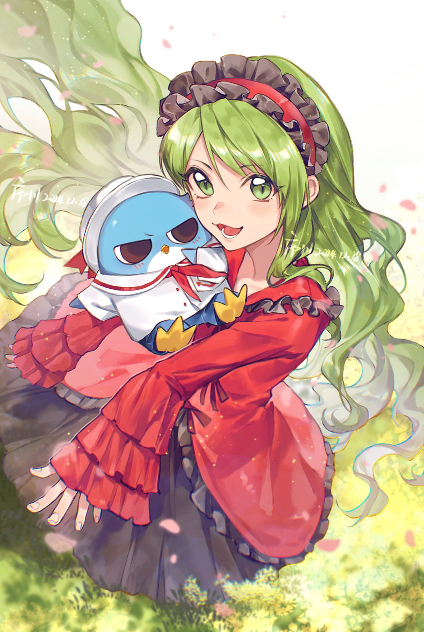 1girl, bird, black_skirt, blue_pants, collared_shirt, falling_petals, frilled_hairband, frilled_shirt