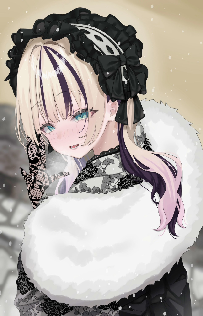 1girl, alternate_costume, back_bow, black_hair, blonde_hair, blush, bow, bra
