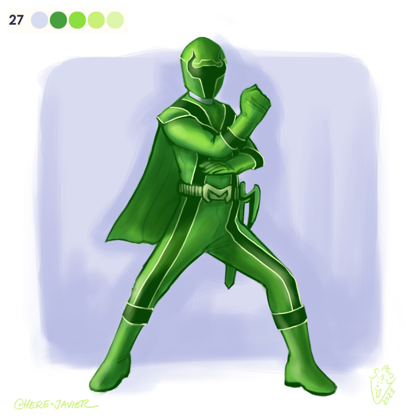 1boy, artist_name, blue_background, bodysuit, boots, border, cape, clenched_hand, color_guide, commentary, dated, english_commentary, fighting_stance, full_body, gloves, green_bodysuit, green_boots, green_gloves, green_helmet, green_mystic_ranger, green_theme, green_trim, helmet, highres, holstered, javier_(ferrisraccoon), looking_ahead, magigreen, magistick, mahou_sentai_magiranger, male_focus, outside_border, power_rangers, power_rangers_mystic_force, signature, standing, super_sentai, tokusatsu, white_border