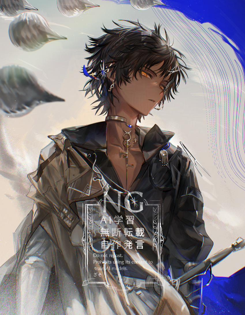 1boy, arknights, black_hair, black_shirt, dark-skinned_male, dark_skin, ear_piercing, gloves