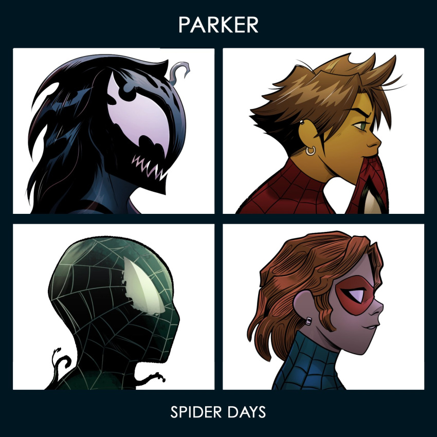 album_cover, animal_print, anna-may_parker, april_parker, brown_hair, cover, demon_days_(gorillaz), earrings, english_text, gorillaz, highres, jewelry, marvel, mask, mayday_parker, multiple_girls, orange_hair, ouchman2432, parody, richard_parker_(ultimate_spider_man_2024), short_hair, smile, spider-man_(series), spider_print, spider_web_print, superhero_costume