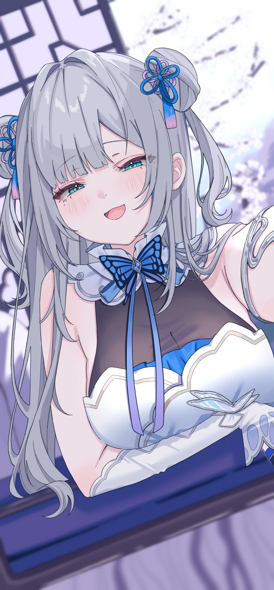 1girl, aqua_eyes, bare_shoulders, blush, double_bun, dress, flower_knot, grey_hair
