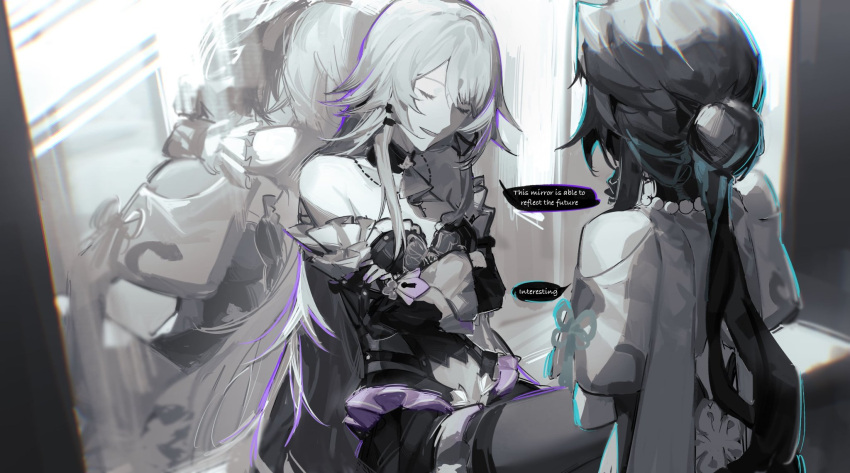 1nuyaki, 2girls, bare_shoulders, bead_necklace, beads, closed_eyes, crossed_arms, crossed_legs