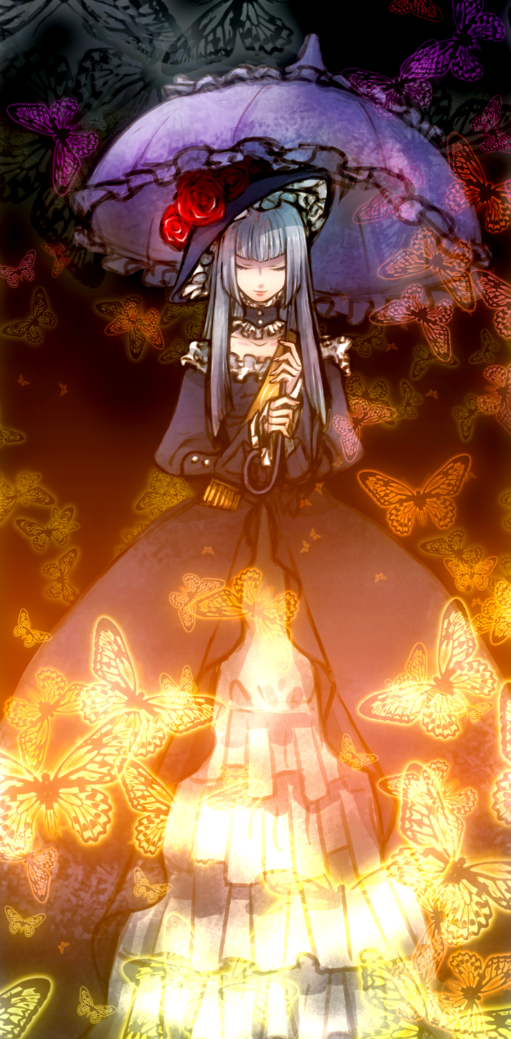 butterfly, choker, closed_eyes, dress, flower, grey_hair, hat, highres