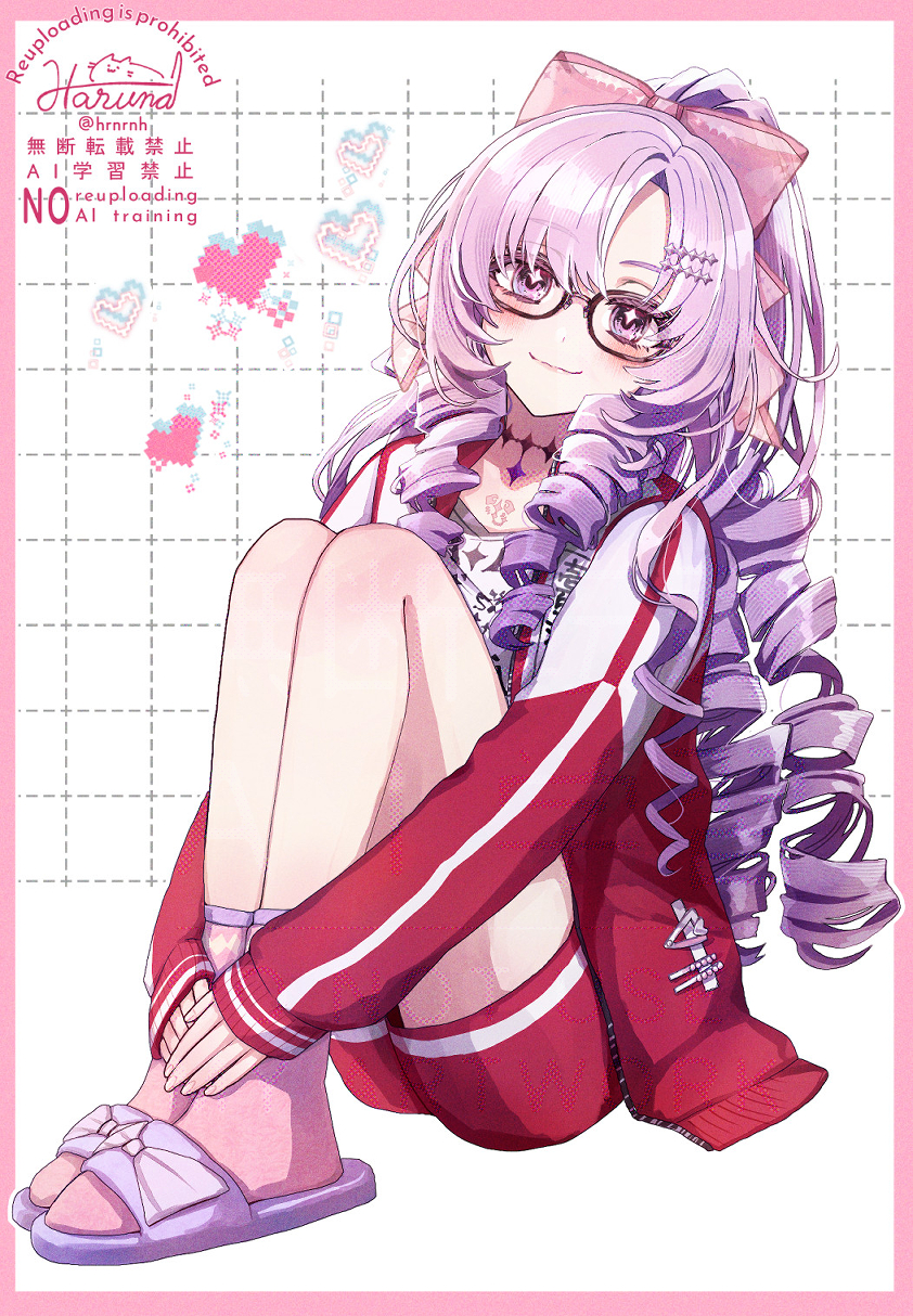 1girl, artist_name, black-framed_eyewear, blush, border, bow, chest_tattoo, choker