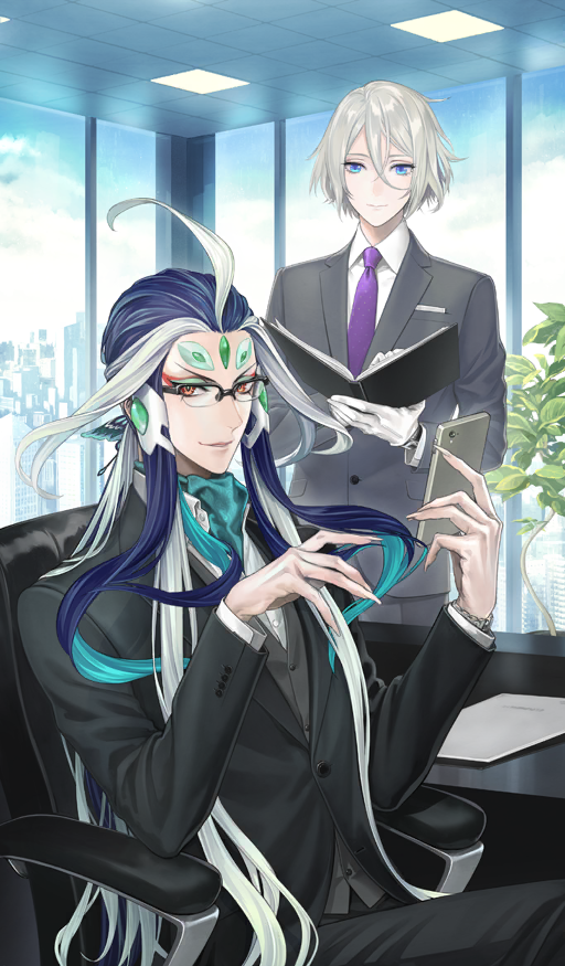 2boys, androgynous, aqua_ascot, aqua_hair, bishounen, black-framed_eyewear, black_hair, black_jacket