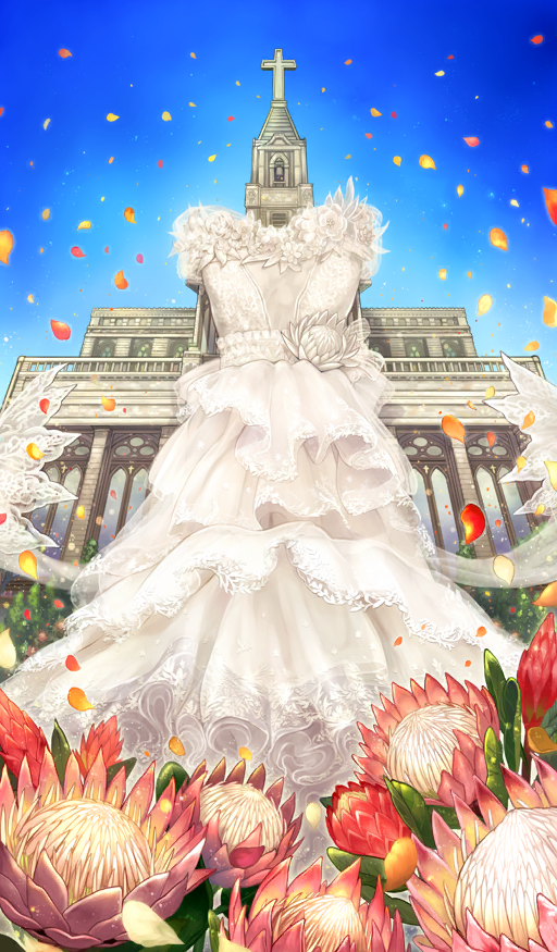architecture, blue_sky, bud, building, church, clothes_focus, commentary, cross, day, dress, dress_flower, falling_petals, fate/grand_order, fate_(series), flower, latin_cross, no_humans, official_art, outdoors, oversized_object, petals, pink_flower, protea_(flower), red_flower, sakumamitsuro, sky, still_life, sunlight, third-party_source, unworn_dress, wedding_dress, white_dress, white_flower