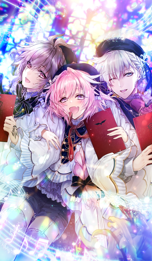 3boys, androgynous, arm_hug, ascot, astolfo_(angel_breath)_(fate), astolfo_(fate), beret, black_hat