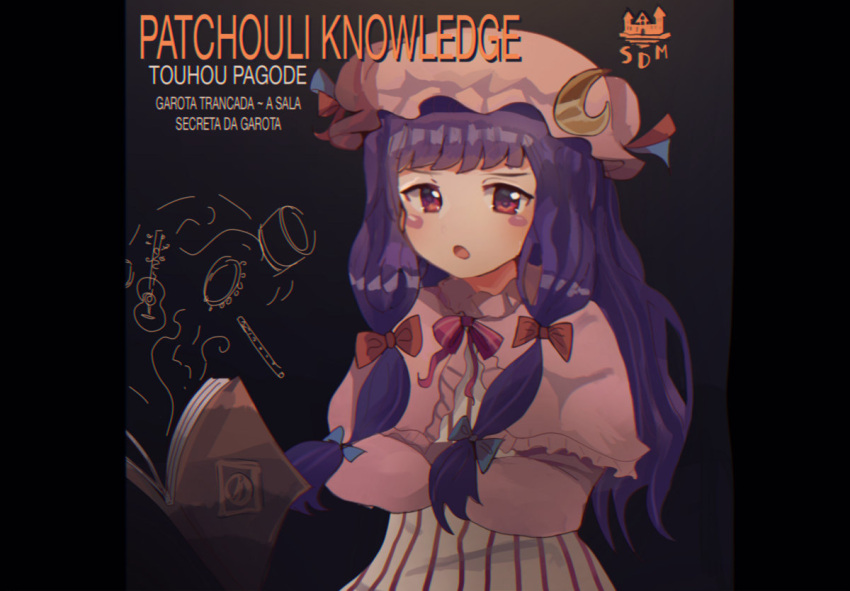 1girl, blunt_bangs, book, bow, capelet, cover, cover_page, crescent