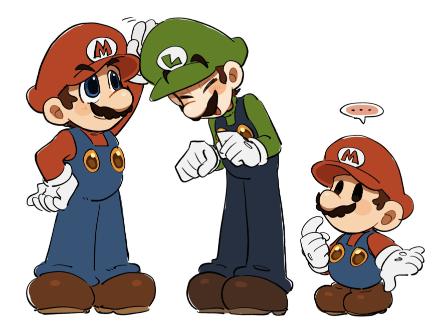 ..., 3boys, blue_eyes, blue_overalls, brown_hair, closed_eyes, facial_hair, full_body