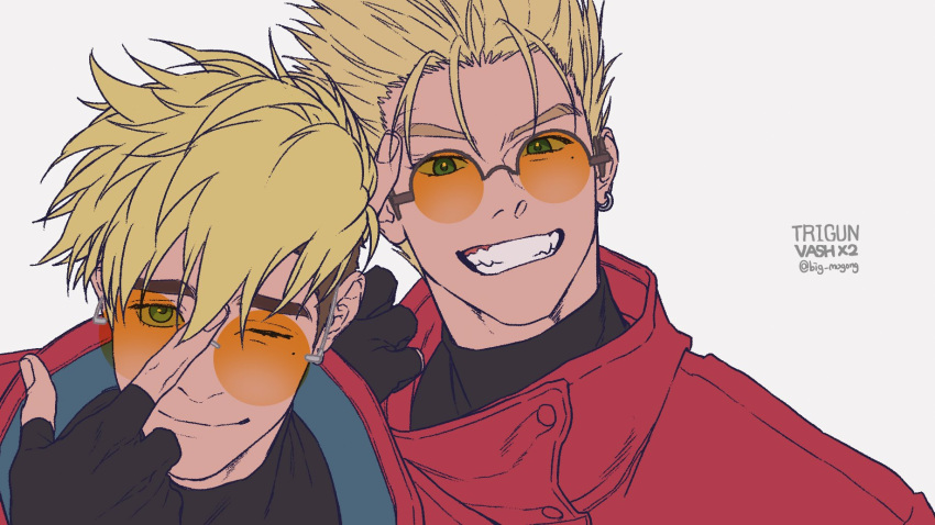 2boys, big_mogong, black_shirt, blonde_hair, blue_eyes, brown_hair, closed_mouth, coat