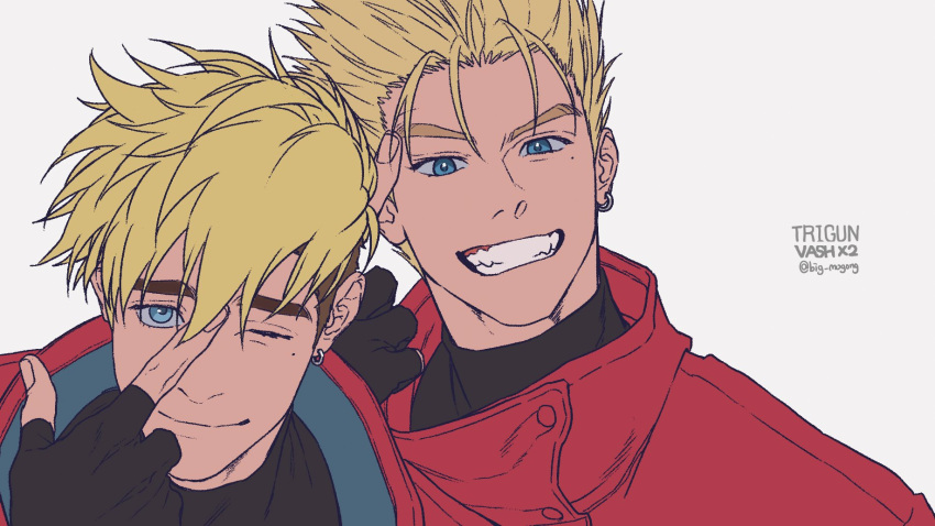 2boys, big_mogong, black_shirt, blonde_hair, blue_eyes, brown_hair, closed_mouth, coat, collared_coat, commentary_request, copyright_name, earrings, fingerless_gloves, gloves, grin, highres, index_finger_raised, jewelry, korean_commentary, male_focus, multicolored_hair, multiple_boys, one_eye_closed, piercing, popped_collar, red_coat, shirt, sideburns, simple_background, single_earring, smile, teeth, trigun, trigun_stampede, twitter_username, two-sided_coat, two-sided_fabric, two-tone_hair, upper_body, vash_the_stampede, white_background