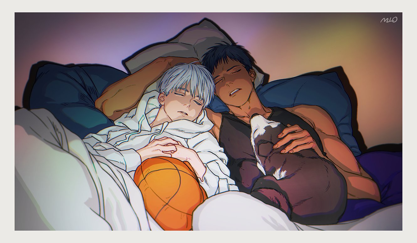 2boys, animal, aomine_daiki, bare_shoulders, big_mogong, black_tank_top, blue_hair, blue_pillow