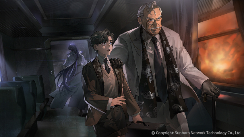 1girl, 2boys, ar-18_(girls'_frontline), belt, black_gloves, black_hair, black_necktie, black_shawl