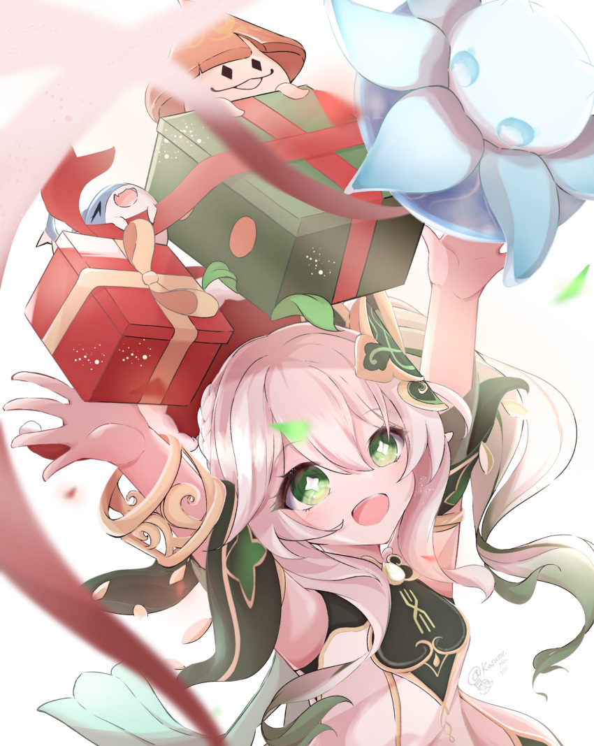 1girl, aranara_(genshin_impact), arms_up, artist_name, box, bracelet, commentary_request, detached_sleeves