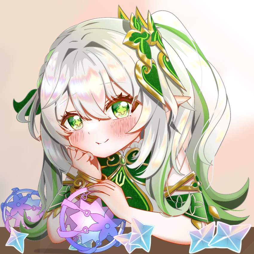 1girl, blush, bracelet, closed_mouth, commentary_request, cross-shaped_pupils, detached_sleeves, genshin_impact