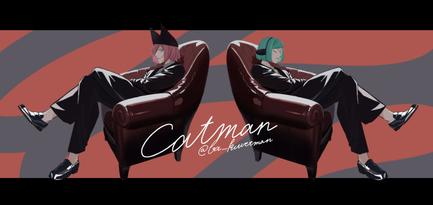 2boys, animal_ears, animal_hat, armchair, ba_kuretuman, black_eyes, black_suit, blue_hair