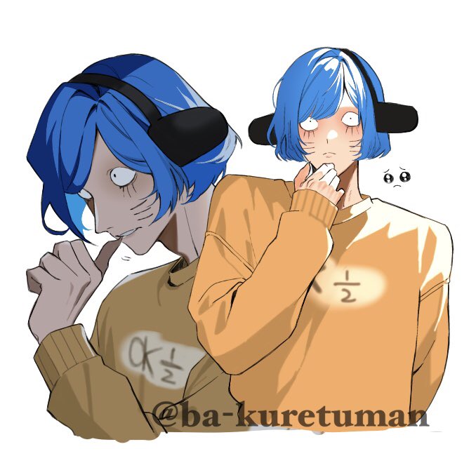 1boy, animal_ears, ba_kuretuman, biting_own_finger, black_eyes, blue_hair, commentary_request, facial_mark