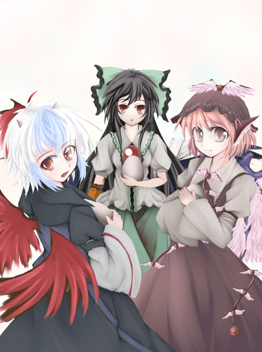 animal_ears, arm_cannon, black_hair, blue_hair, bow, earrings, egg, gr_(artist)