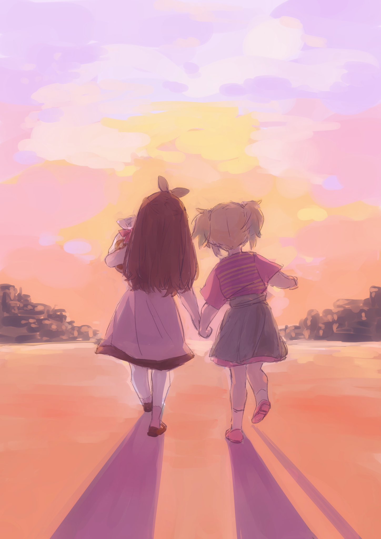 2girls, blonde_hair, blue_hair, brown_hair, brown_shoes, child, dress, facing_away