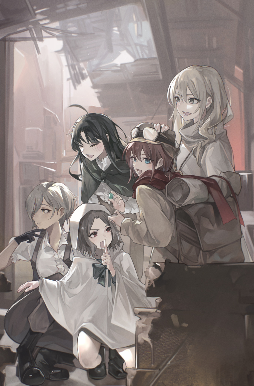 4girls, absurdres, awa_subaru, black_cape, black_gloves, black_hair, brown_bag, brown_hair
