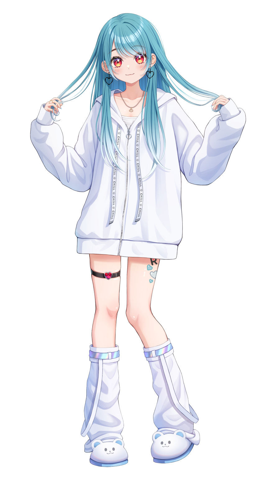 1girl, absurdres, blue_hair, closed_mouth, commentary_request, earrings, full_body, hal_(haldayo913)