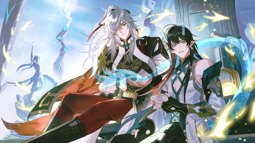 2boys, absurdres, aqua_eyes, aqua_horns, aqua_sash, armor, black_gloves, black_hair