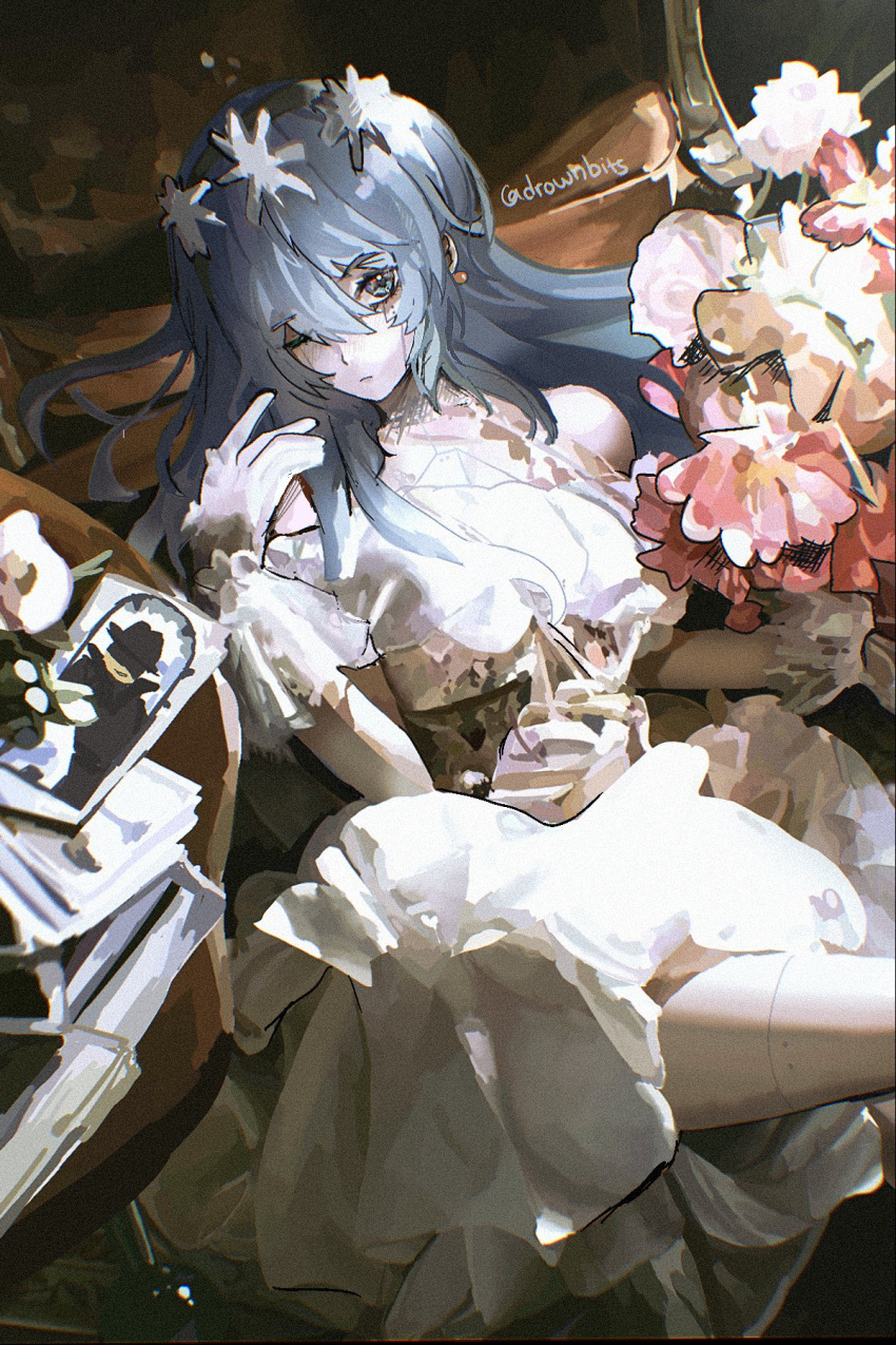 1girl, android, blue_eyes, blue_hair, bouquet, dream_game, dress, drownbits