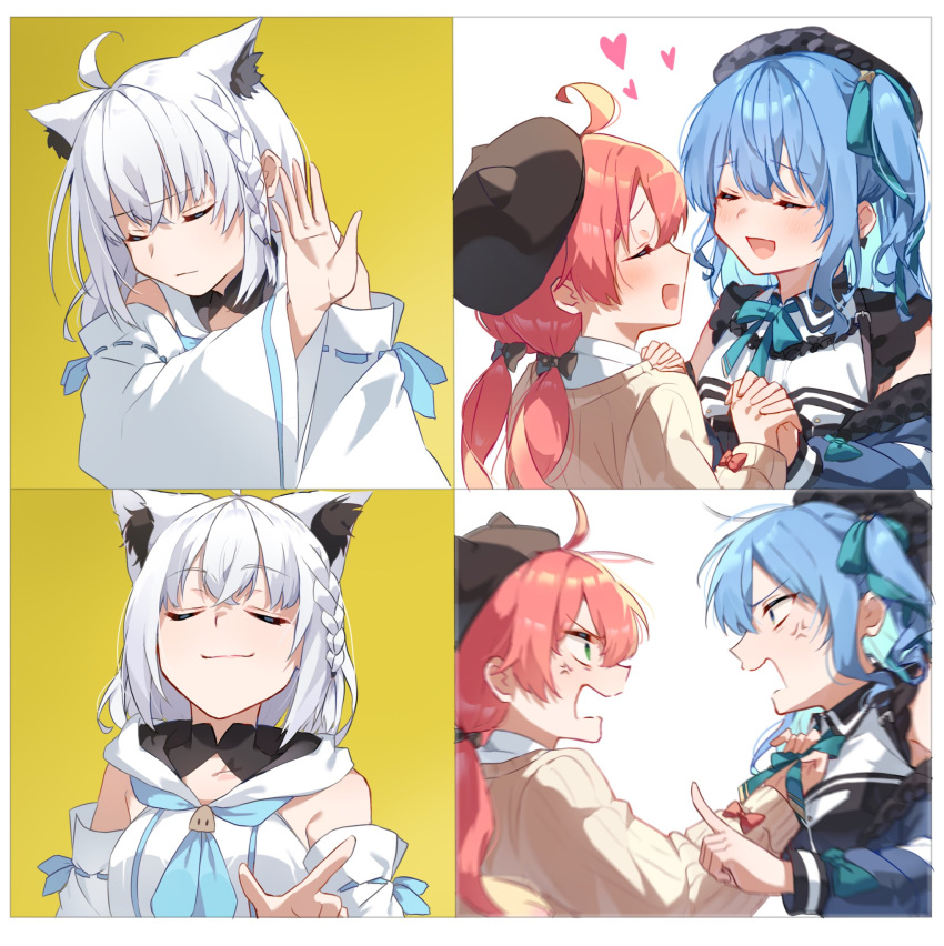 3girls, ahoge, anger_vein, angry, animal_ear_fluff, animal_ears, beanie, blue_hair