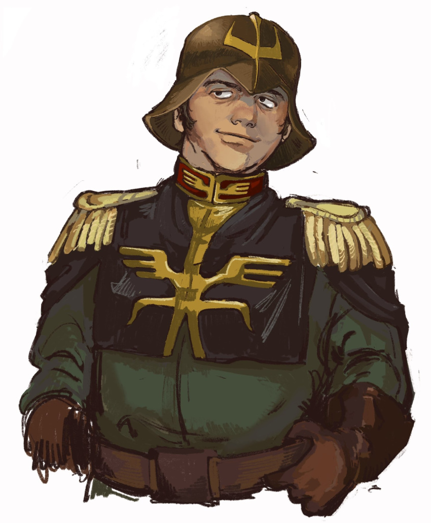 1boy, belt, black_eyes, black_hair, dren_(gundam), epaulettes, gloves, green_jacket