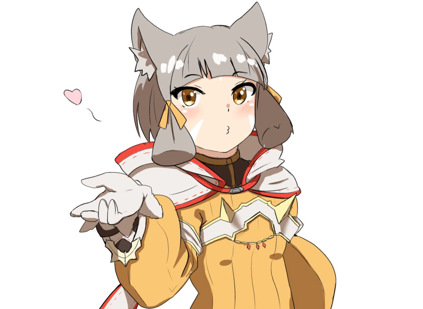 1girl, animal_ear_fluff, animal_ears, arched_bangs, arm_up, blowing_kiss, blush, breasts, cat_ears, cat_girl, grey_hair, highres, jksfs, looking_at_viewer, nia_(xenoblade), puckered_lips, simple_background, small_breasts, solo, upper_body, white_background, xenoblade_chronicles_(series), xenoblade_chronicles_2, yellow_eyes