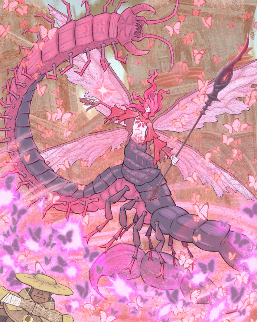 1boy, 1girl, absurdres, arm_up, arthropod_girl, bibuo, boss_fight, bug