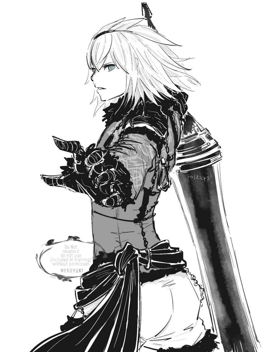 1boy, alt_text, ass, coat, commentary_request, greatsword, grey_eyes, greyscale, highres, holding, holding_sword, holding_weapon, male_focus, medium_hair, mekoyuki, monochrome, nier, nier_(brother), nier_(series), simple_background, solo, spiky_hair, spot_color, standing, sword, watermark, weapon, white_background