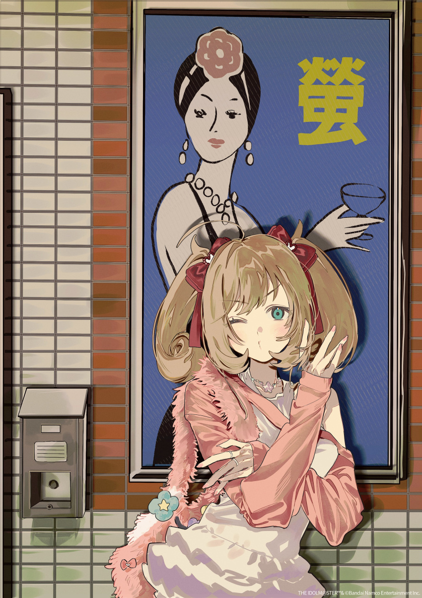 1girl, ;o, absurdres, ahoge, blush, bow, brown_hair, commentary, crossed_arms, drawing_(object), dress, fingernails, fur_bag, hair_bow, hashtag-only_commentary, highres, idolmaster, idolmaster_cinderella_girls, long_sleeves, looking_at_viewer, nail_polish, one_eye_closed, red_bow, sato_shin, solo, sugata_dski, symbol-only_commentary, tile_wall, tiles, twintails, upper_body, white_dress